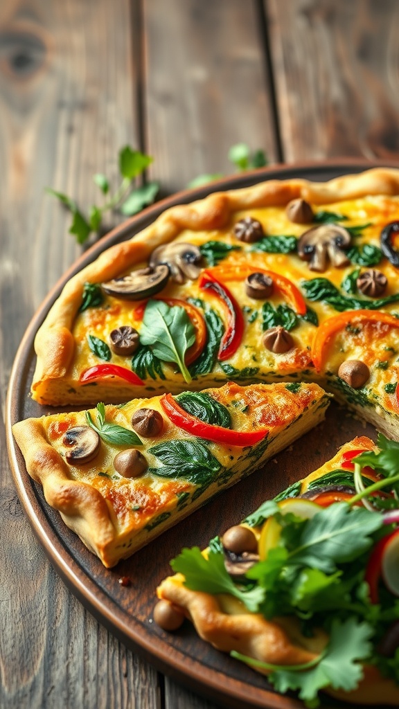 A slice of vegan quiche with spinach, bell peppers, and mushrooms on a wooden table, garnished with herbs.